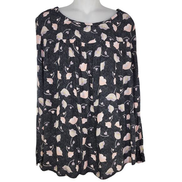 Ann Taylor Loft Blouse Large Floral Dot Black Pink Rayon Pullover Long Sleeve - Picture 1 of 10